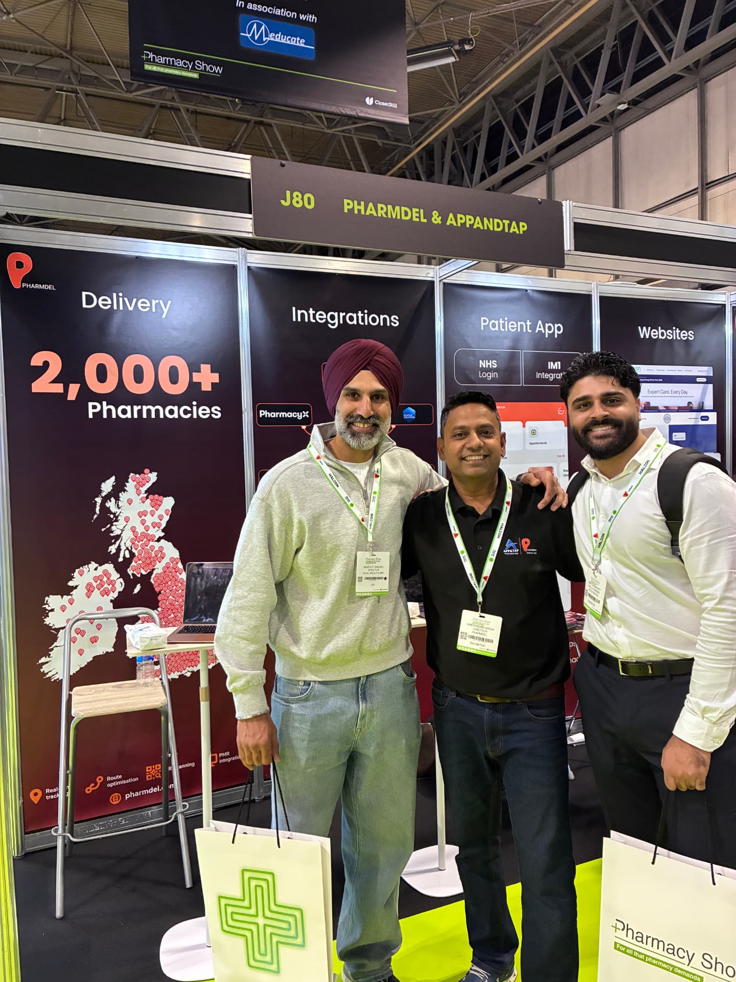 Simy Choudhary with pharmacy partners at the Pharmdel stand, the Pharmacy Show 2026