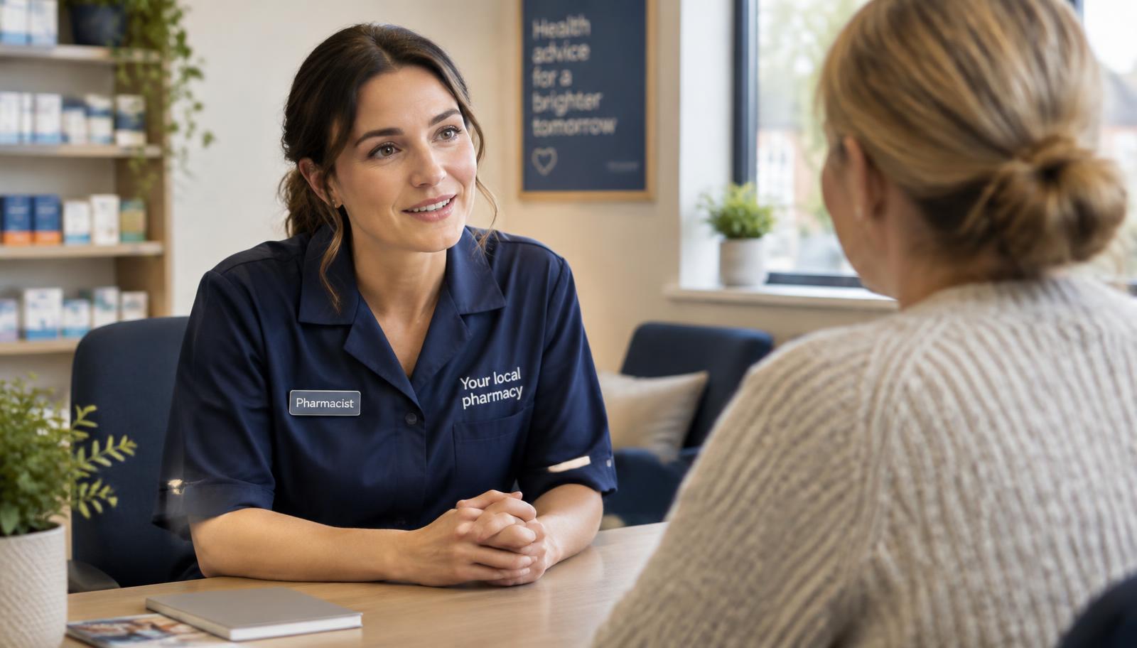 A pharmacist consulting a patient about a weight management service in a UK community pharmacy